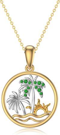 wholesale 14K Gold Crystal Coconut Tree Pendant Necklace with Sun and Waves Design - Gifts for Her-Palm Tree