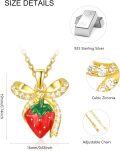 wholesale 925 Sterling Silver Metal Red Strawberry with Gold Tone Bow Pendant Necklace for Women - Summer Fruit -0-2