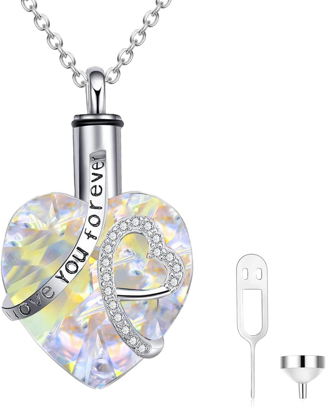 925 Sterling Silver & Austrian Crystal Heart Cremation Jewelry with Funnel Pendant Necklace-0-0