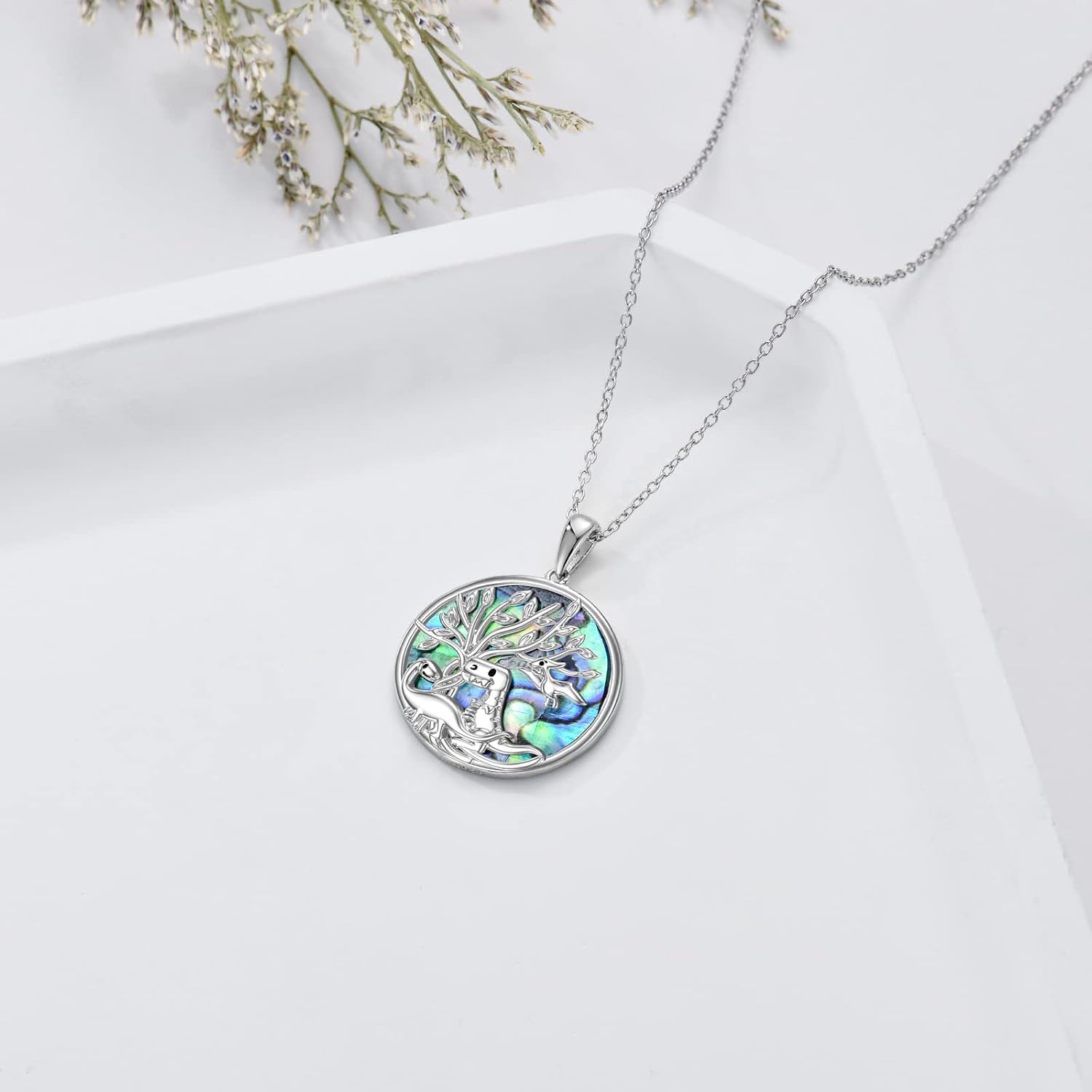 925 Sterling Silver Round Abalone Shell Dragon & Tree of Life Pendant Necklace-0-3