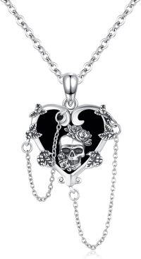 wholesale 925 Sterling Silver Heart-Shaped Black Onyx Rose Skull Gothic Punk Pendant Necklace-Skull