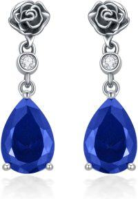 wholesale 925 Sterling Silver Vintage Rose Dangle Earrings with Birthstone Gifts for Women-09-Sapphire-Blue
