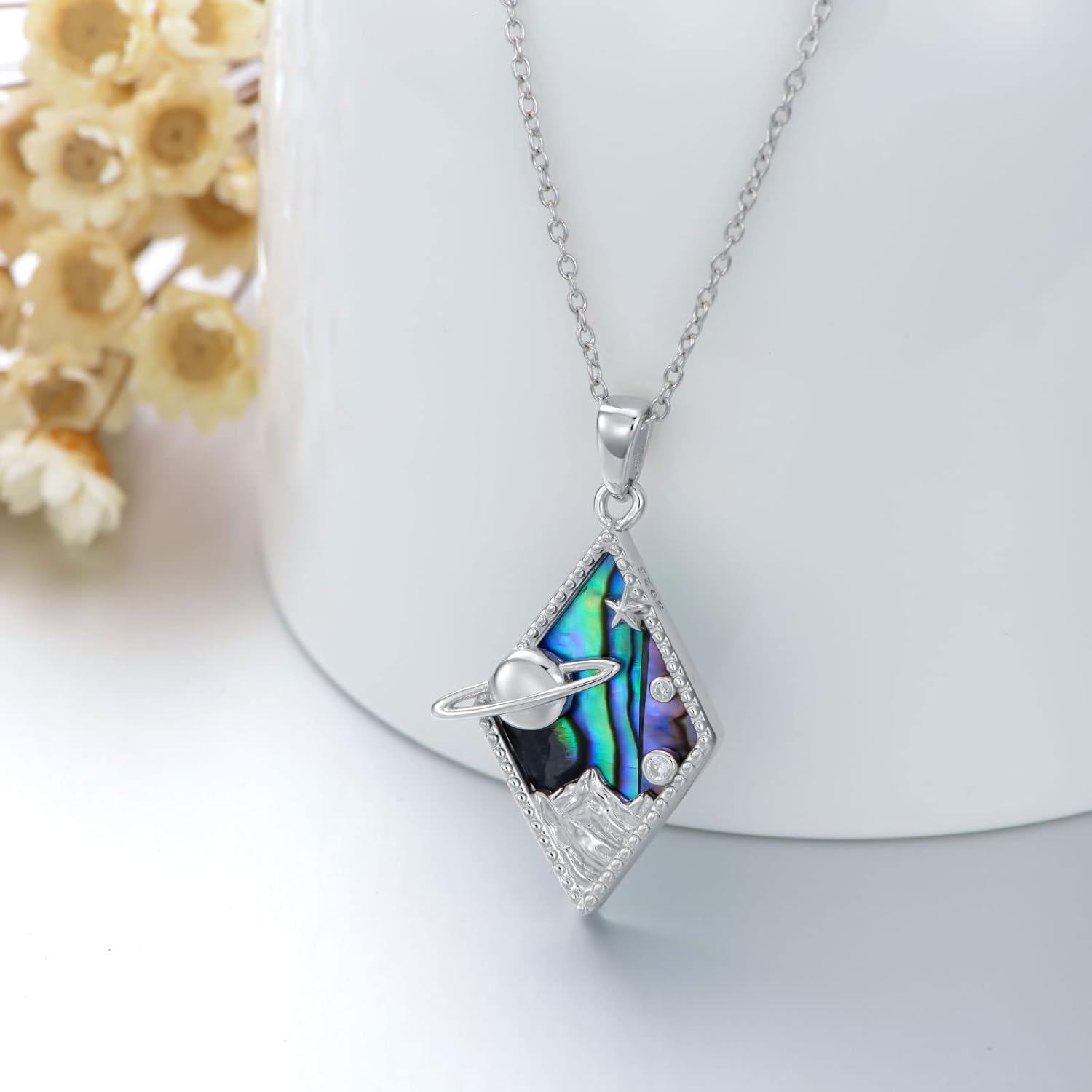925 Sterling Silver Rotatable Abalone Shell Mountain Pendant Necklace for Women Hikers and Campers-0-2