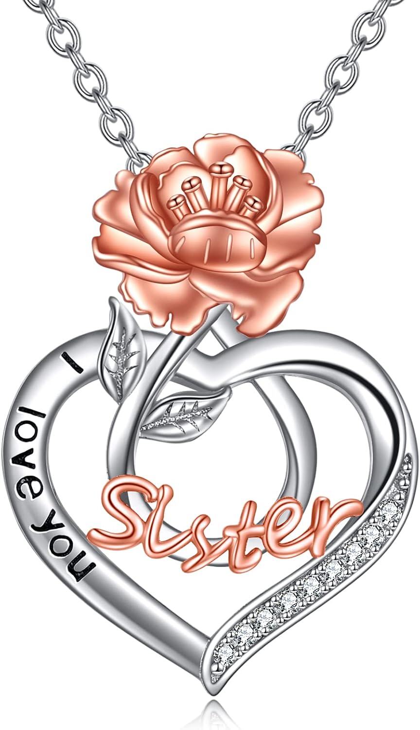  Sterling Silver Birth Flower Sister Necklace I Love You Sister Pendant Fashion Jewelry Gift for Women -0-0