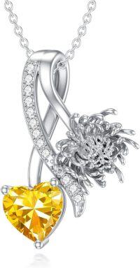 wholesale 925 Sterling Silver Birthstone Flower Necklace 12 Month Birth Flower Pendant for Women Christmas Birthday Jewelry-11-November-Chrysanthemum