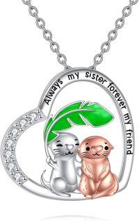 wholesale 925 Sterling Silver Cat & Otter Best Friends Heart Pendant Necklaces for Sister Gifts Always My Sister Forever My Friend Jewelry Set-Silver