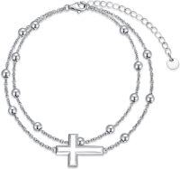 wholesale 925 Sterling Silver Double Chain Rosary Anklet w/Heart & Angel Wings for Women-Cross