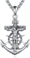 wholesale 925 Sterling Silver Anchor Crucifix Necklace for Men Women Catholic Jesus Christ INRI Pendant Chain Religious s 47cm/18.3in Long  Box Link Chains-0-0