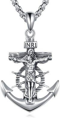 wholesale 925 Sterling Silver Anchor Crucifix Necklace for Men Women Catholic Jesus Christ INRI Pendant Chain Religious s 47cm/18.3in Long  Box Link Chains-Jesus Anchor Cross