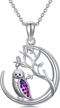 wholesale 925 Sterling Silver Purple Enamel Owl Moon Pendant Necklace-Owl on the Moon