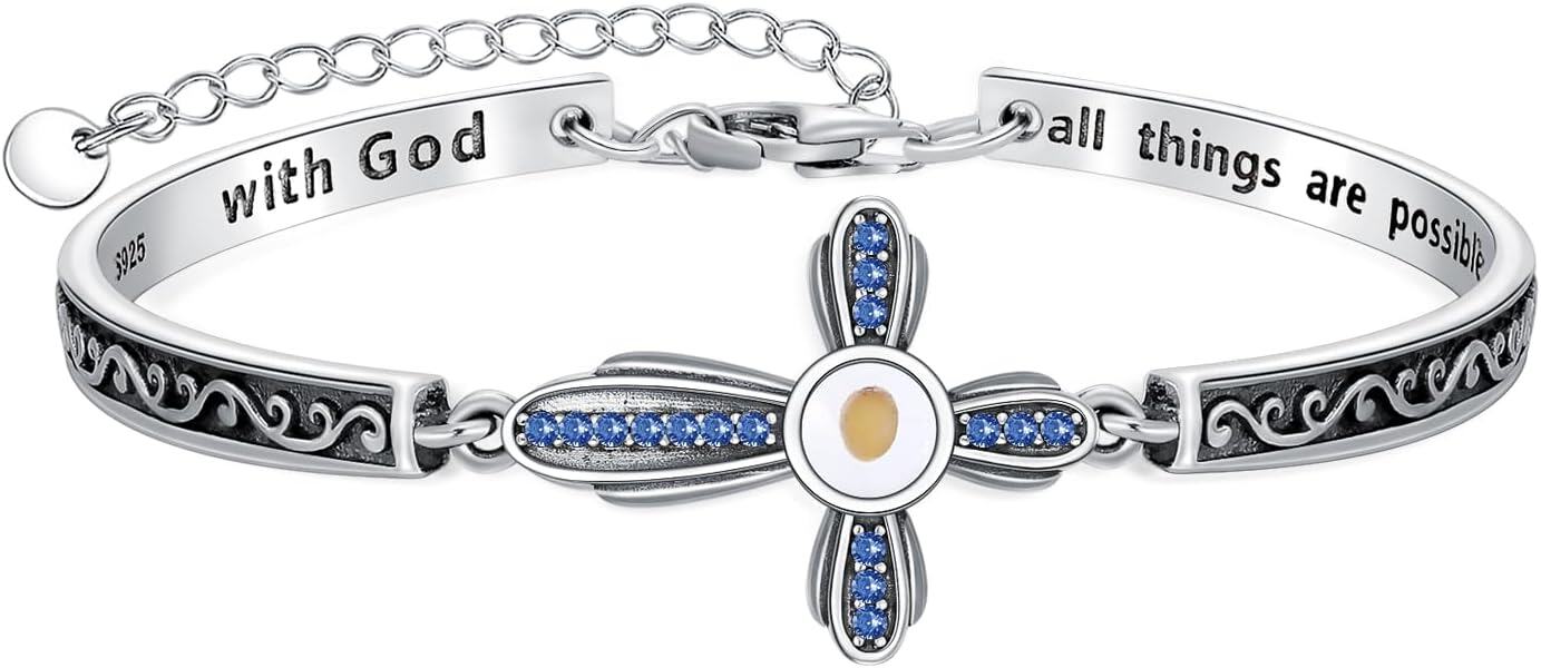 wholesale 925 Sterling Silver Mustard Seed Cross Bracelet with 12 Birthstones God All Things Possible Bangle Christian Jewelry Gift for Women-September