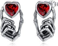 wholesale 925 Sterling Silver Heart-Shaped Red Stone Skeleton Hands Stud Earrings-01-Skull Hand&Heart