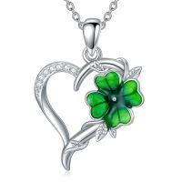 wholesale 925 Sterling Silver Green Enamel Heart & Four-Leaf Clover Pendant Necklace for Women-Style A