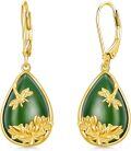 wholesale Gold-Plated 925 Sterling Silver Teardrop Green Jade Lotus Flower Dangle Earrings for Women-0-0