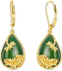 wholesale Gold-Plated 925 Sterling Silver Teardrop Green Jade Lotus Flower Dangle Earrings for Women-D-Dragonfly-Green Jade-Gold