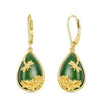 wholesale 925 Sterling Silver Green Teardrop Earrings Wholesale With Gold Lotus Design-D-Dragonfly-Green Jade-Gold