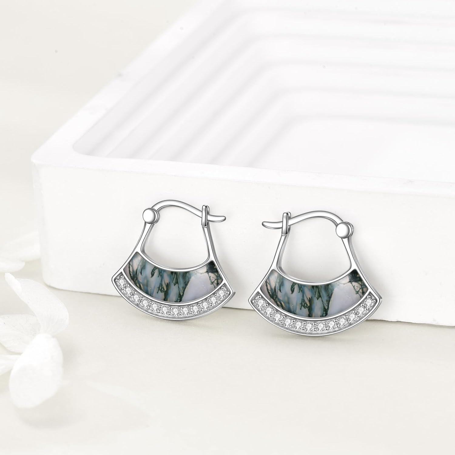 Sterling Silver Moonstone Peridot Pink Opal Black Onyx Larimar Moss Agate Small Fan Hoop Earrings-0-5