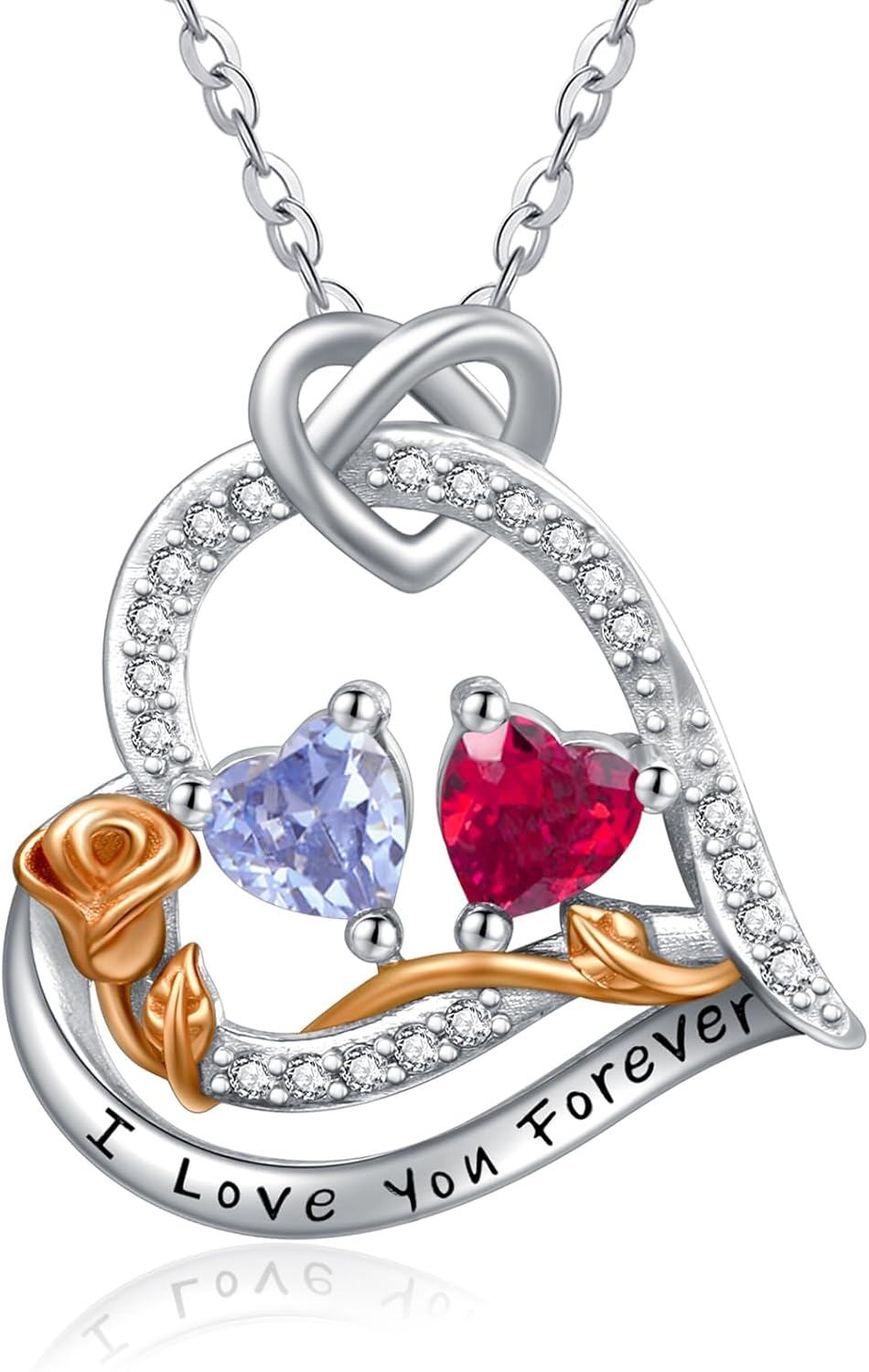  Sterling Silver 2 Birthstones Rose Heart Necklace for Women -06-07-Jun-Jul