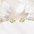 wholesale Gold 925 Sterling Silver Rose Stud Earrings with Cubic Zirconia and Green Leaves for Women's Gifts - Perfect for Birthdays & Holidays-0-1