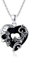 wholesale 925 Sterling Silver Heart-Shaped Bat and Skull Pendant Necklace with Black Onyx Stone-0-0