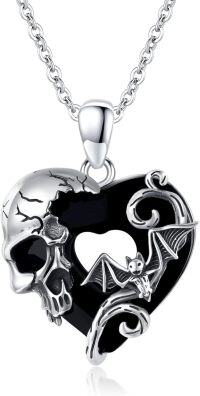wholesale 925 Sterling Silver Heart-Shaped Bat and Skull Pendant Necklace with Black Onyx Stone-B-Skull Bat