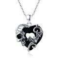 wholesale 925 Sterling Silver Heart-Shaped Bat and Skull Pendant Necklace with Black Onyx Stone-0-0