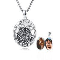 wholesale 925 Sterling Silver Skull Photo Locket Necklace Romantic Couple Pendant-With Customed Photo-Only Locket