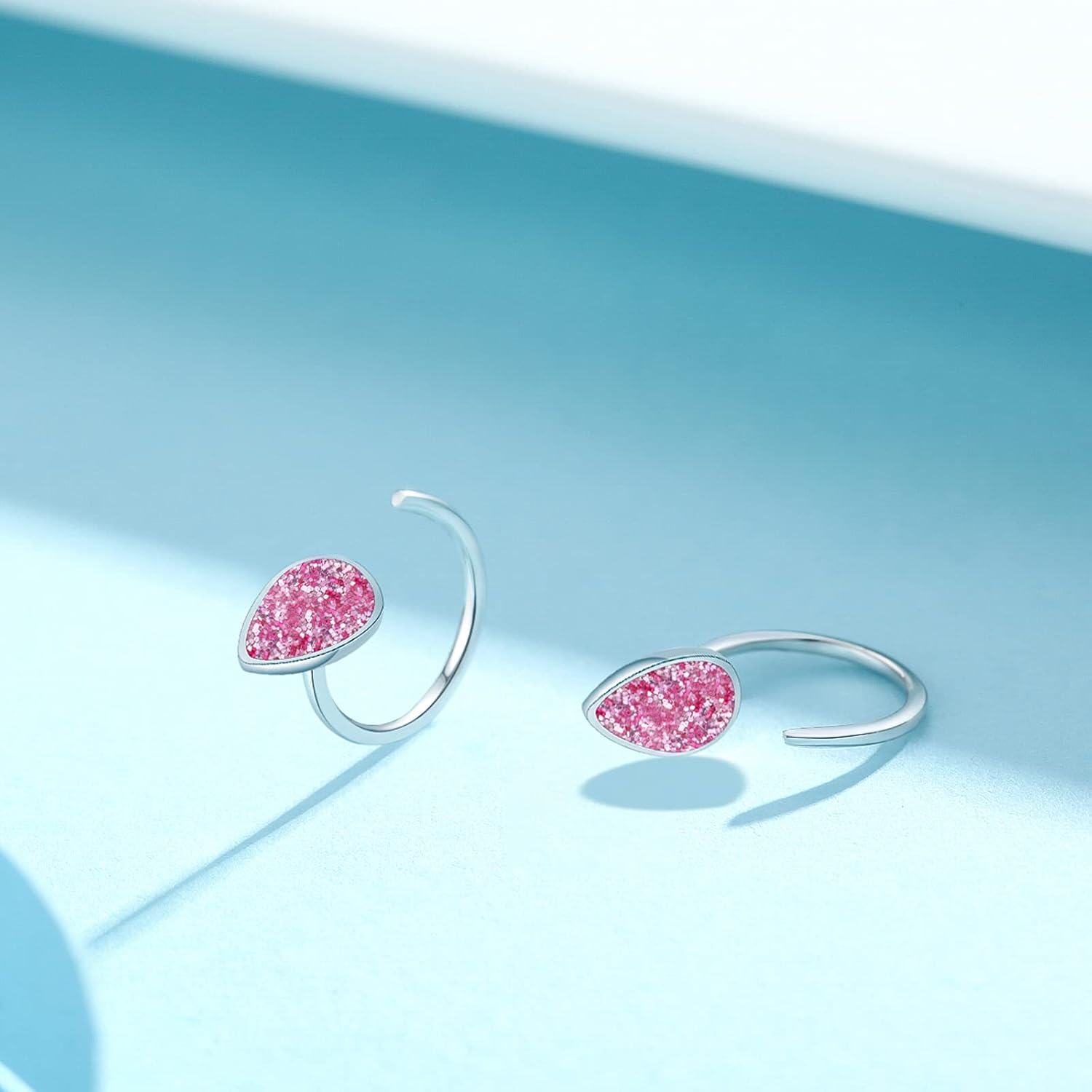 925 Sterling Silver Pink Druzy Teardrop Huggie Ear Cuffs Minimalist Studs for Women Girls Gift Set of 4 Pairs-0-1