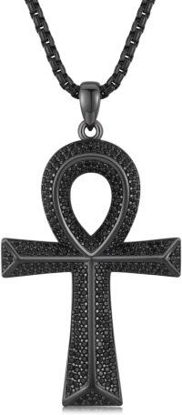 wholesale Black 925 Sterling Silver Ankh Cross Pendant with Black CZs and 24 Rolo Chain - Ancient Egyptian Amulet Protection Jewelry for Women & Men -Retro