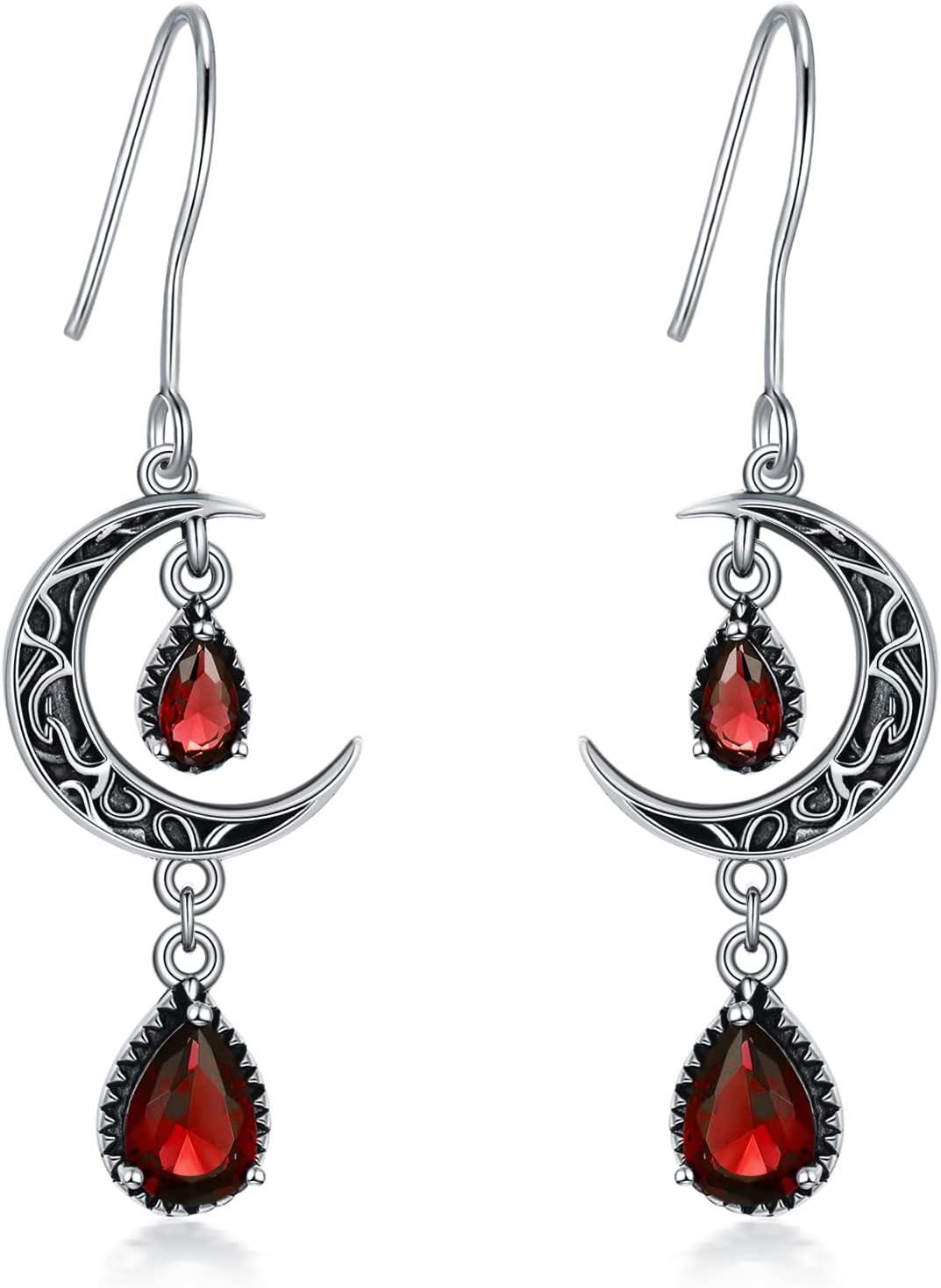 wholesale 925 Sterling Silver Crescent Moon Drop Earrings with Garnet and Red Crystal Accents-0-0