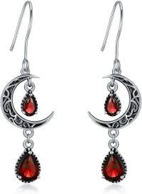 wholesale 925 Sterling Silver Crescent Moon Drop Earrings with Garnet and Red Crystal Accents-Red