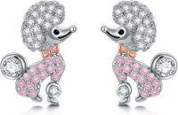 wholesale 925 Sterling Silver Poodle Dog Stud Earrings with Pink Crystals and Bow Tie-Poodle