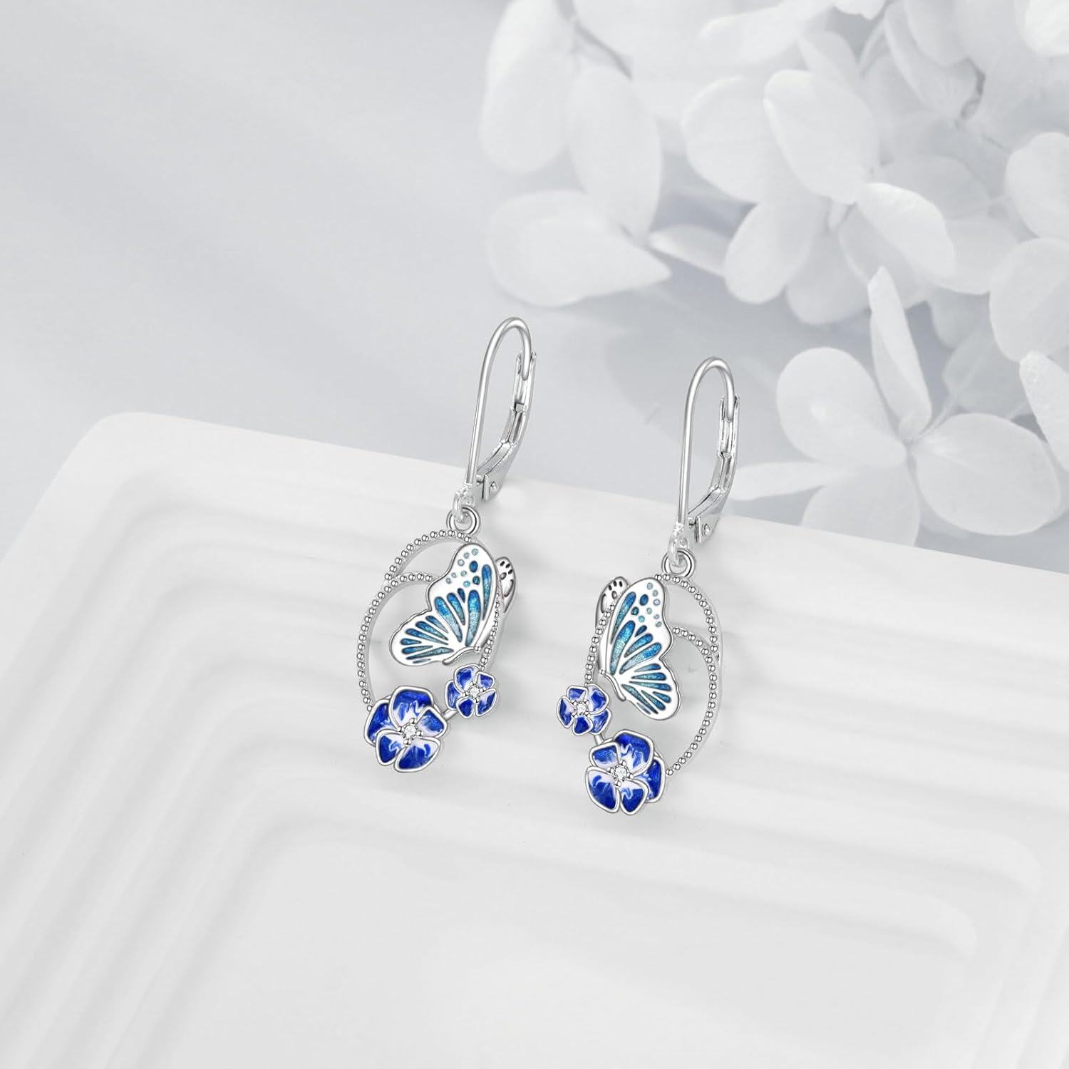 925 Sterling Silver Butterfly & Blue Flowers Drop Earrings - Mothers Day Gift for Her-0-4
