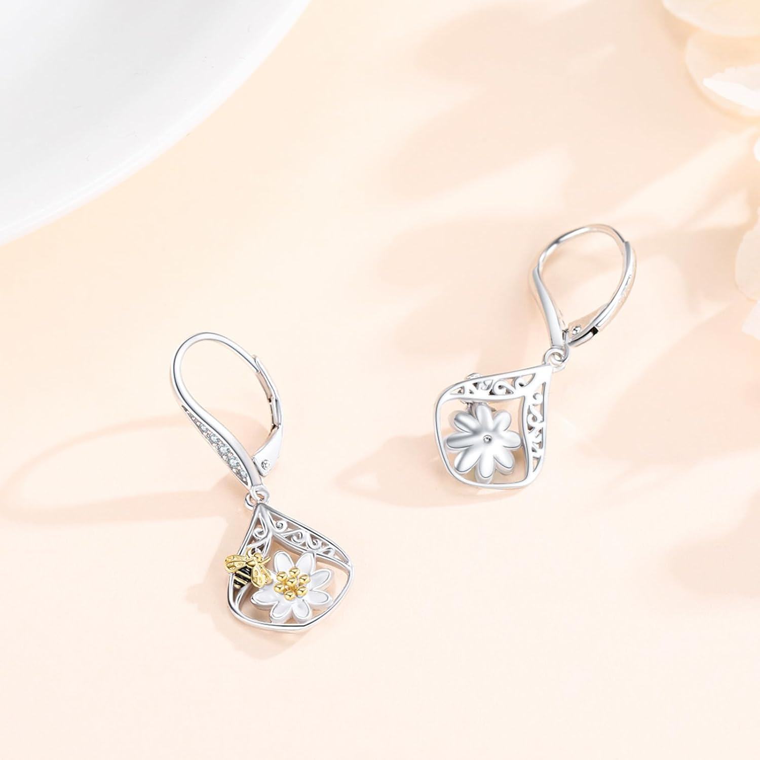 wholesale 925 Sterling Silver Bee & Flower Hypoallergenic Leverback Earrings-0-3