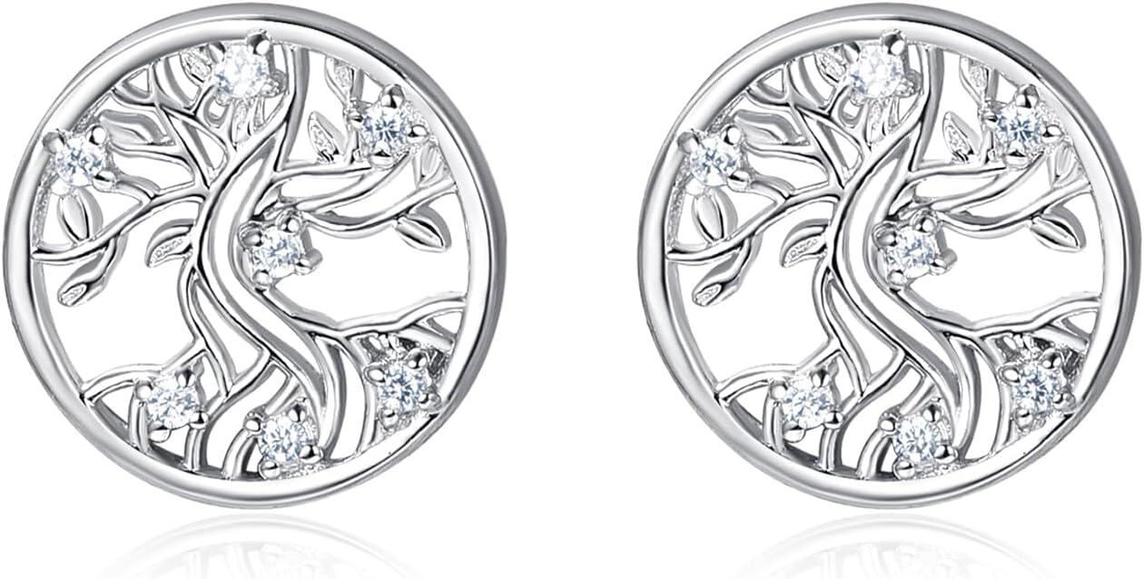 Sterling Silver Cubic Zirconia Tree of Life Stud Earrings for Women-Tree Round