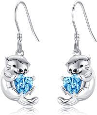 wholesale 925 Sterling Silver Blue Crystal Heart Otter Dangle Earrings for Women Girls Gifts Jewelry Accessories 4cm Long-Otter