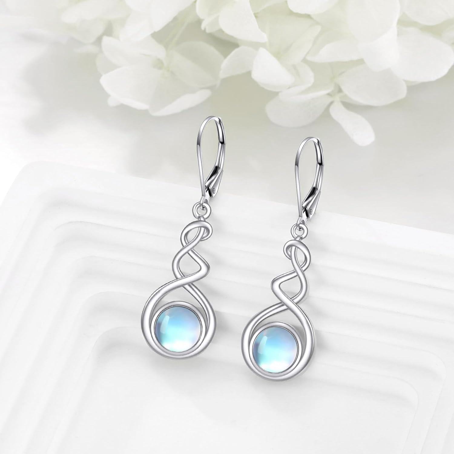 925 Sterling Silver Rainbow Moonstone Spiral Drop Earrings Gift for Her-0-1