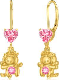 wholesale Gold 925 Sterling Silver Angel Heart Pink Crystal Drop Earrings  for Women Girls-Unicorn