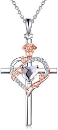 wholesale Sterling Silver Birthstones Rose Cross Heart Crucifix Pendant Necklace for Women-04-Aurora Borealis