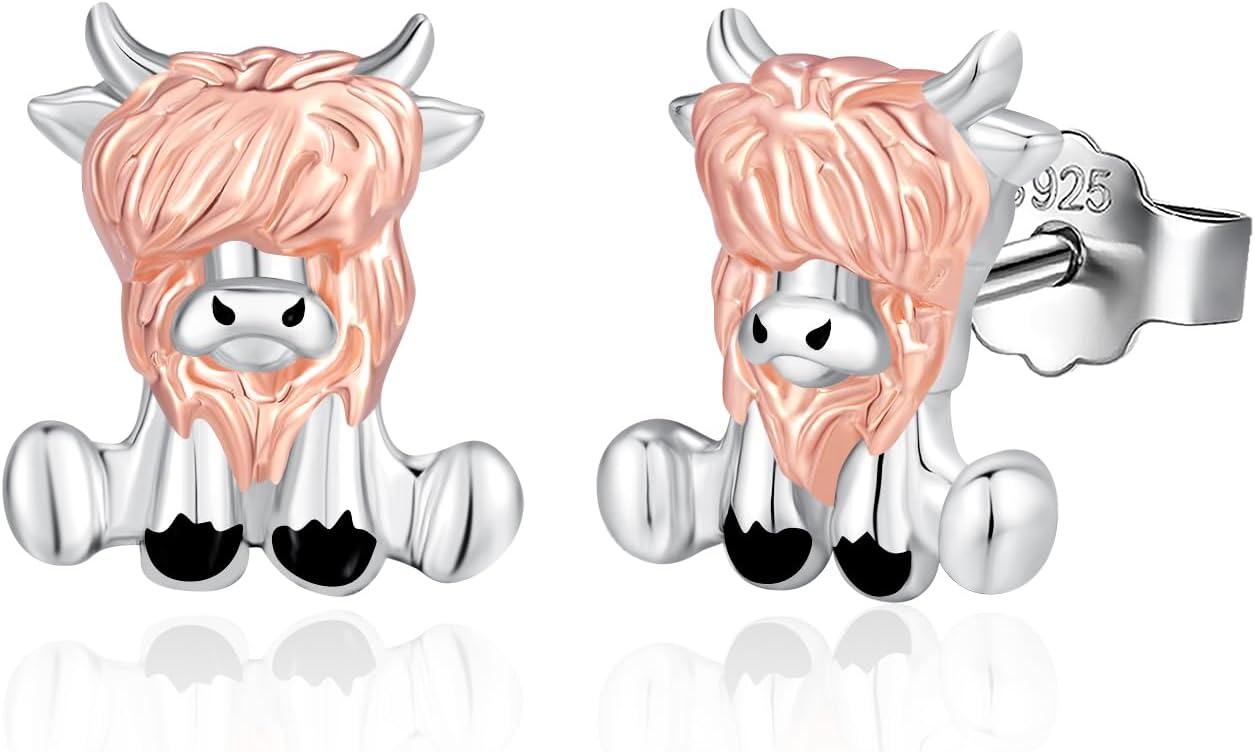  Sterling Silver Animal Stud Earrings Butterfly Unicorn Yorkie Beagle Axolotl Frog Cow Panda Dog Dino Cat Hedgehog Sloth -Highland Cow Earrings