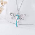 wholesale 925 Sterling Silver Dragonfly Awareness Ribbon Pendant Necklace Teal Enamel Gift For Women-0-1