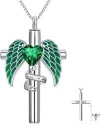 wholesale Sterling Silver Birthstone Angel Wing Cross Rose Heart Cremation Urn Necklace for Women with Funnel Kit ( chars)-Cross Personalized 05-May-Emerald
