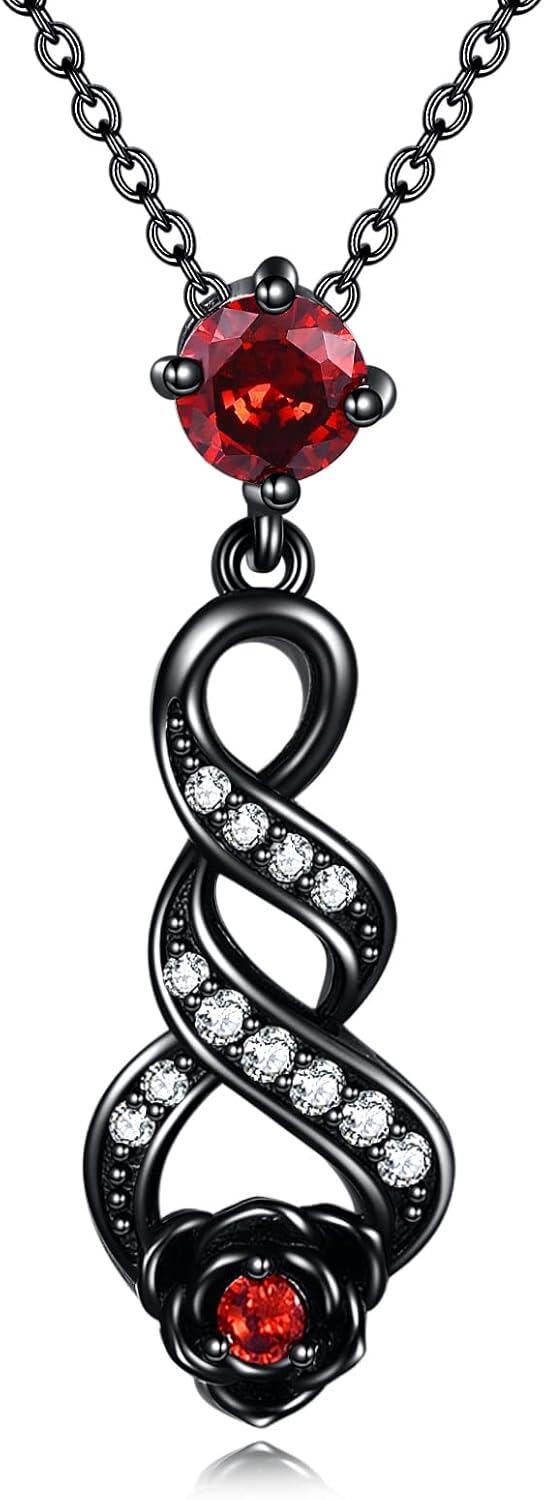 Sterling Silver Black Rose Infinity Pendant Necklace Valentine Gift-Red