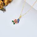 wholesale 10K Gold Blue Enamel Butterfly & Pink Rose Pendant Necklace with Green Leaves Chain 43cm + Extender-0-3