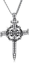 wholesale 925 Sterling Silver Thorn Cross Pendant with Cubic Zirconia and Chain - Mens Religious Jewelry-0-0