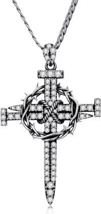 wholesale 925 Sterling Silver Thorn Cross Pendant with Cubic Zirconia and Chain - Mens Religious Jewelry-F01-Pave CZ Nail Cross