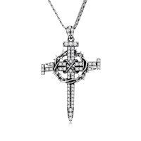 wholesale 925 Sterling Silver Thorn Cross Pendant with Cubic Zirconia and Chain - Mens Religious Jewelry-F01-Pave CZ Nail Cross
