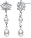 wholesale 925 Sterling Silver Lotus Flower with White Pearls Dangle Stud Earrings for Women-0-0