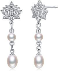 wholesale 925 Sterling Silver Lotus Flower with White Pearls Dangle Stud Earrings for Women-Lotus