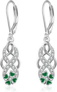 wholesale 925 Sterling Silver 4-Leaf Clover Dangle Earrings w/ Green Enamel & CZs-21-Infinity Shamrock Earrings